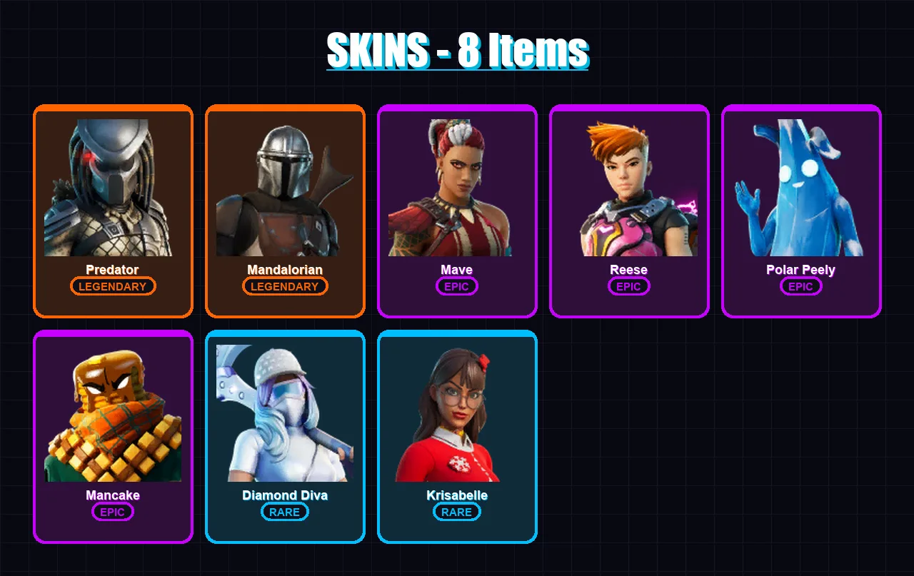 [PC/XBOX] | Predator | Mandalorian | Mave | Reese | Polar Peely | 8 skin | 14 pickaxe | 16 emote | 12 glider | Lv127