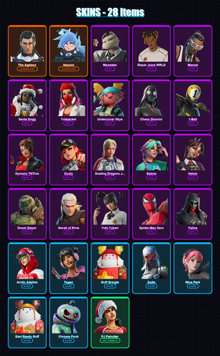 [PC/XBOX/PSN] | The Ageless | Nezumi | Meowdas | Slayer Juice WRLD | Massai | 28 skin | 55 pickaxe | 40 emote | 42 glider | Lv702