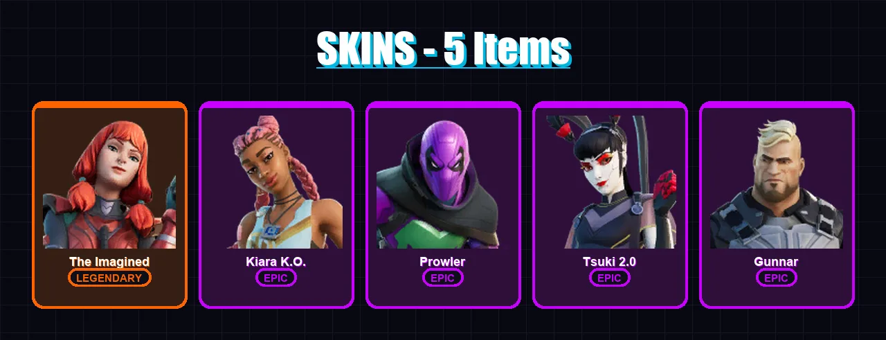 [PC/XBOX/PSN] | The Imagined | Kiara K.O. | Prowler | Tsuki 2.0 | Gunnar | 5 skin | 8 pickaxe | 4 emote | 9 glider | Lv75