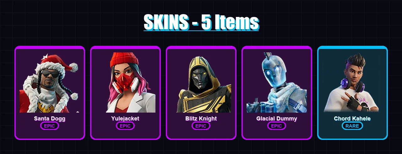 [PC/XBOX/PSN] | Santa Dogg | Yulejacket | Blitz Knight | Glacial Dummy | Chord Kahele | 5 skin | 26 pickaxe | 15 emote | 21 glider | Lv233