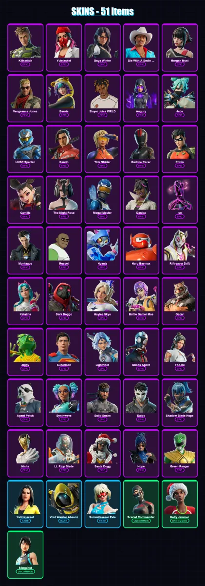 [PC/XBOX/PSN] | Killswitch | Yulejacket | Onyx Winter | Die With A Smile Bruno | Morgan Myst | 51 skin | 70 pickaxe | 46 emote | 38 glider | Lv604