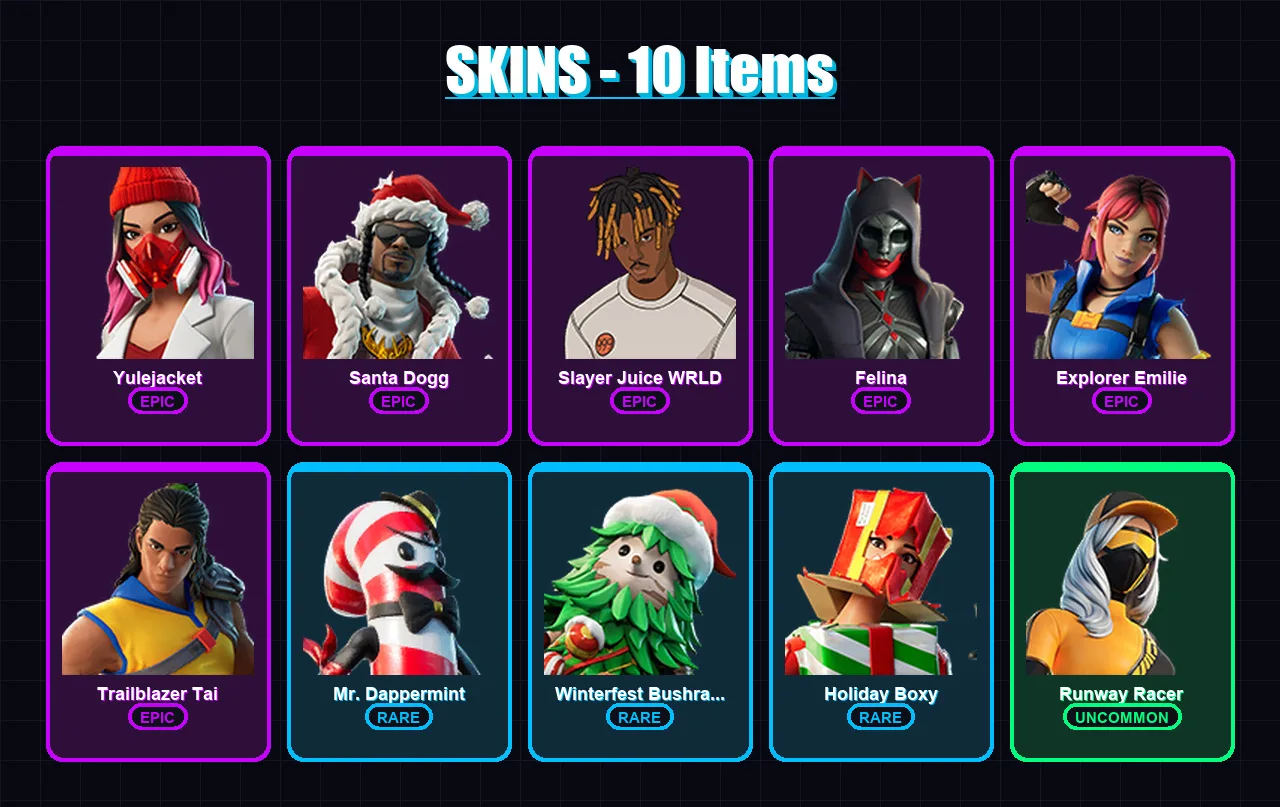 [PC/XBOX/PSN] | Yulejacket | Santa Dogg | Slayer Juice WRLD | Felina | Explorer Emilie | 10 skin | 28 pickaxe | 13 emote | 23 glider | Lv427