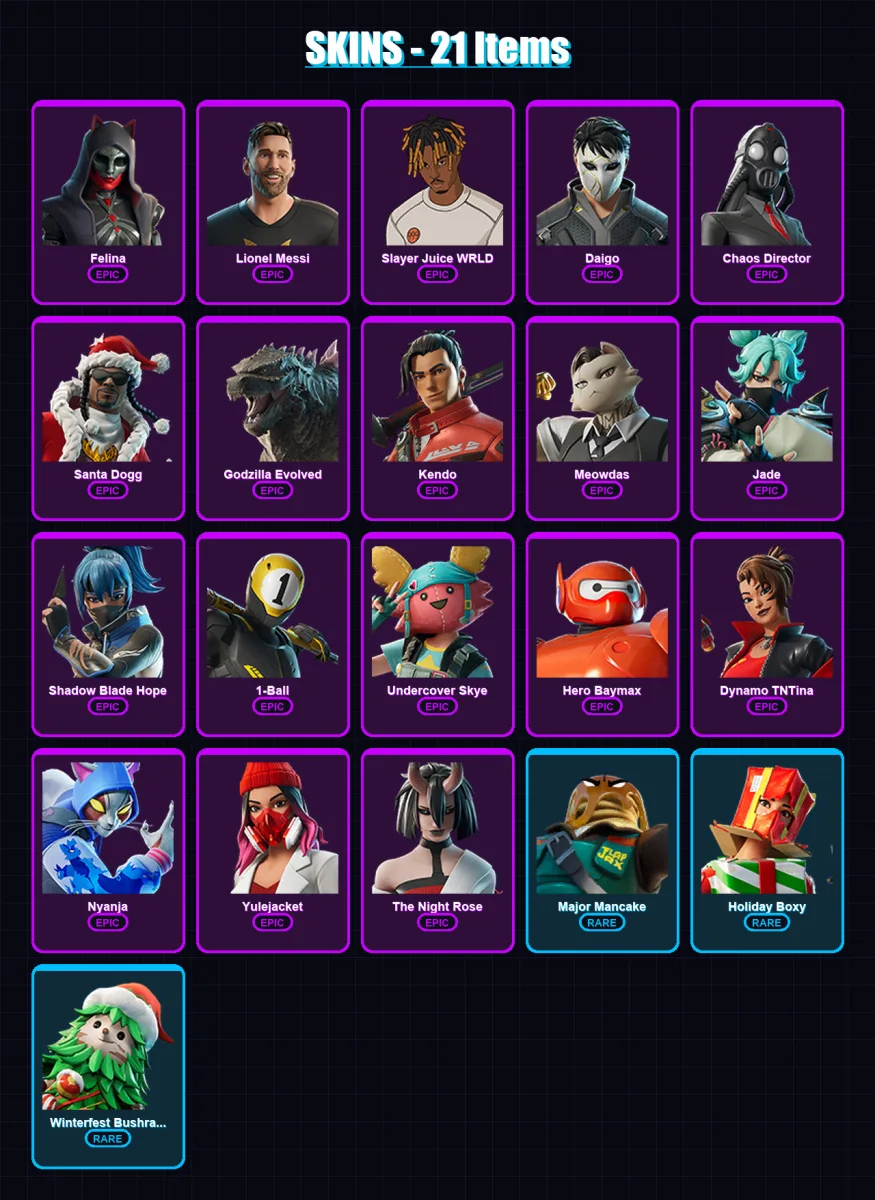 [SWITCH/PSN/PC] | Felina | Lionel Messi | Slayer Juice WRLD | Daigo | Chaos Director | 21 skin | 50 pickaxe | 29 emote | 35 glider | Lv691 — Fortnite account