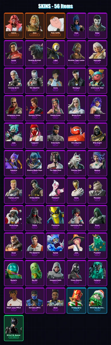 [PC/XBOX/PSN] | Valeria | Zeus | Peter Griffin | Hope | Daigo | 56 skin | 95 pickaxe | 70 emote | 75 glider | Lv1220 — Fortnite account