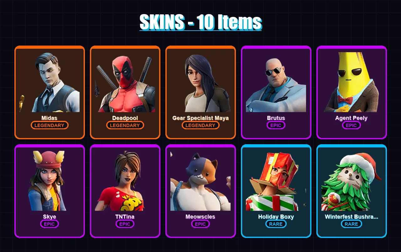 [PC/XBOX/PSN] | Midas | Deadpool | Gear Specialist Maya | Brutus | Agent Peely | 10 skin | 11 pickaxe | 13 emote | 13 glider | Lv190 — Fortnite account