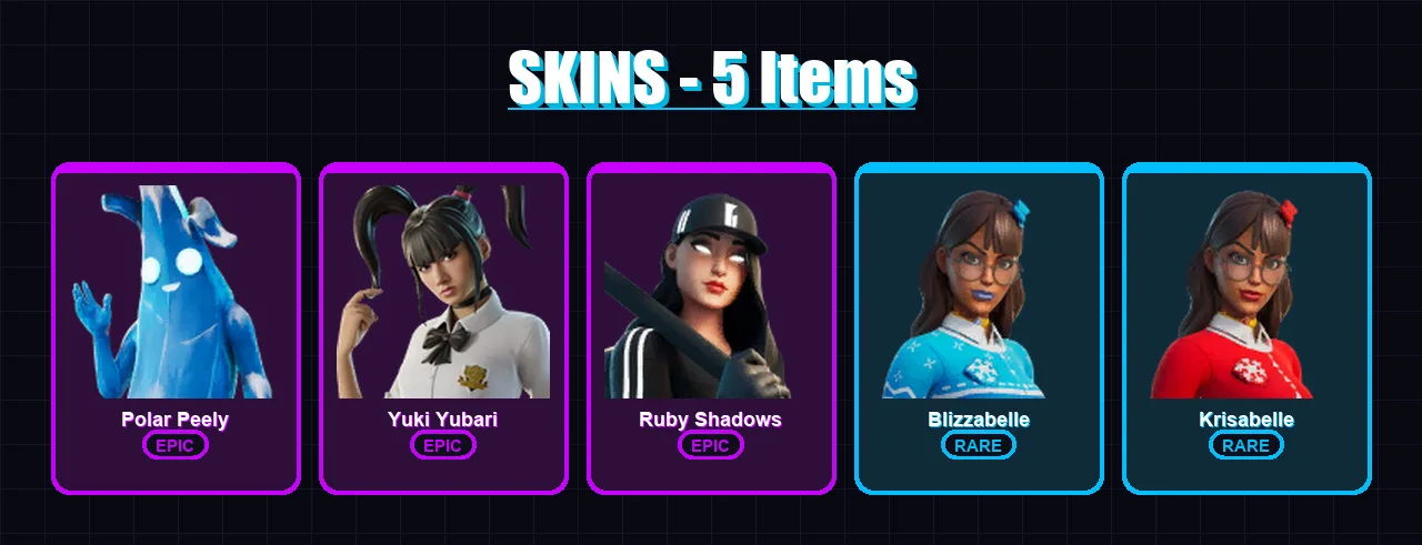 [PC/XBOX/PSN] | Polar Peely | Yuki Yubari | Ruby Shadows | Blizzabelle | Krisabelle | 5 skin | 22 pickaxe | 16 emote | 25 glider | Lv388