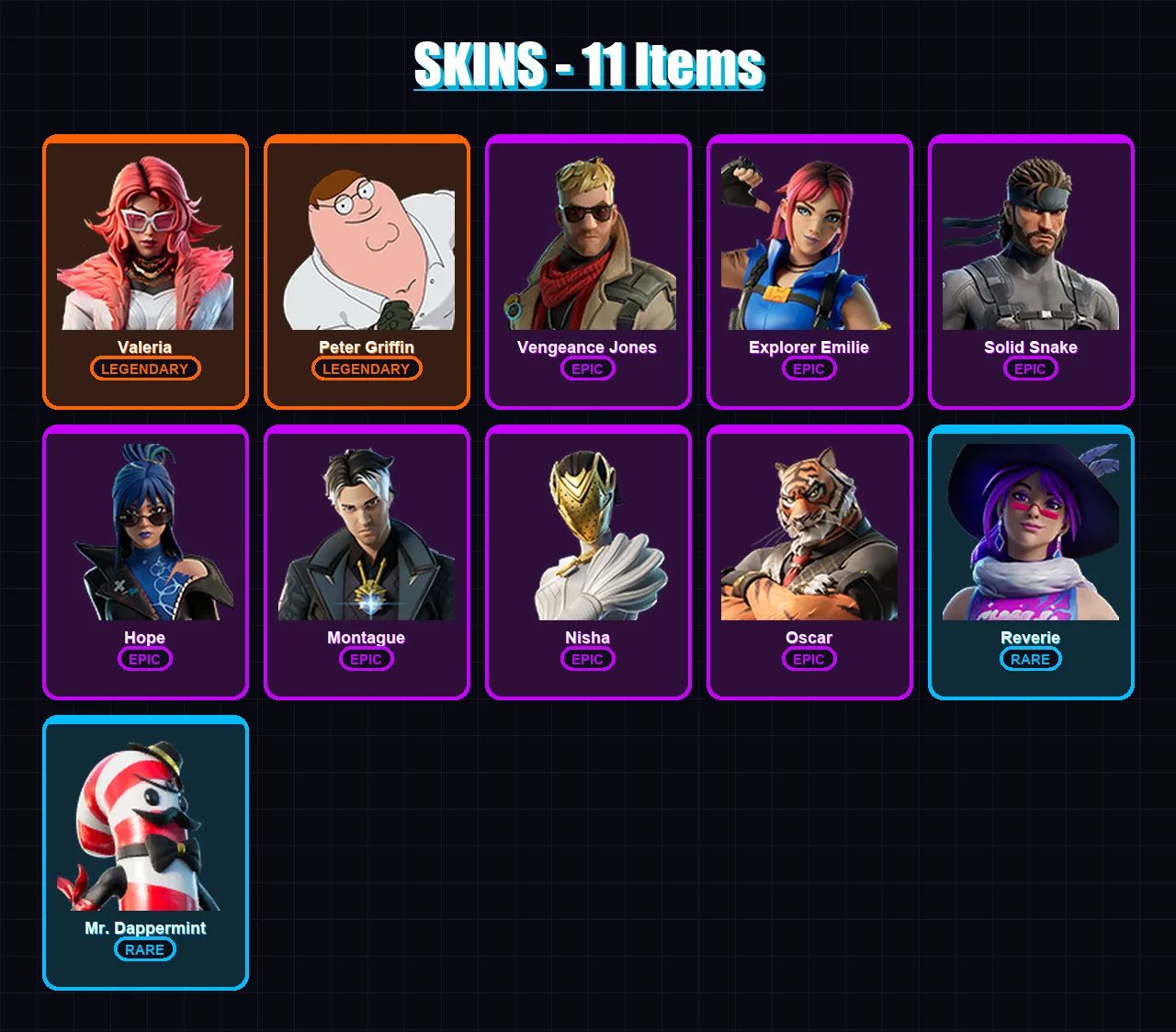 [SWITCH/XBOX/PSN/PC] | Valeria | Peter Griffin | Vengeance Jones | Explorer Emilie | Solid Snake | 11 skin | 15 pickaxe | 14 emote | 12 glider | Lv1