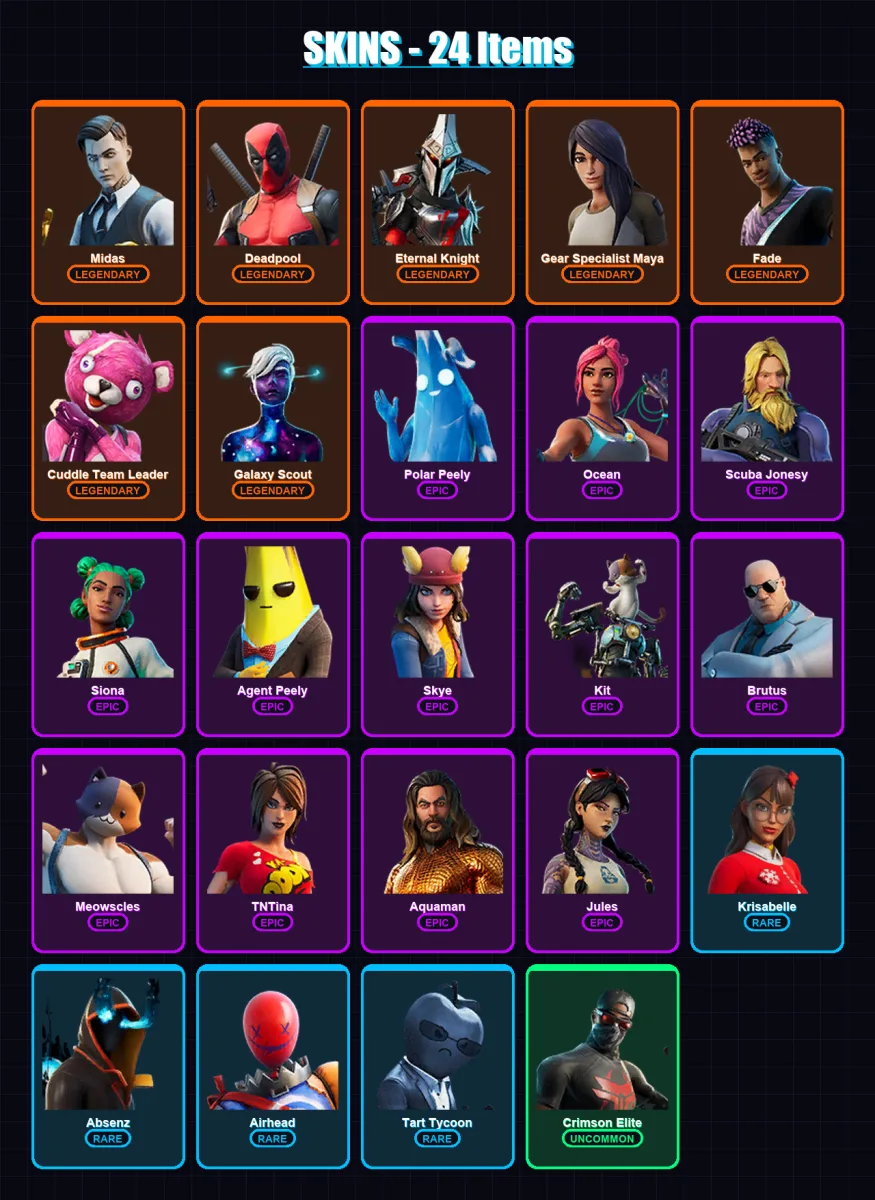 [PC/PSN] | Midas | Deadpool | Eternal Knight | Gear Specialist Maya | Fade | 24 skin | 28 pickaxe | 41 emote | 27 glider | Lv403