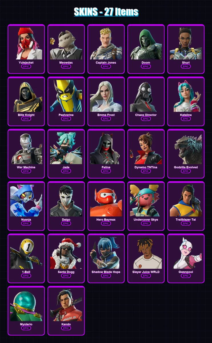 [PS4/PS5/XBOX/PC] | Yulejacket | Meowdas | Captain Jones | Doom | Shuri | 27 skin | 74 pickaxe | 39 emote | 46 glider | Lv684
