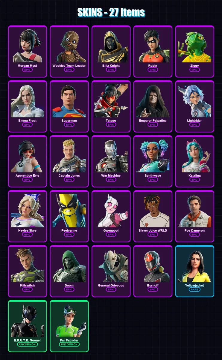 [PC/XBOX/PSN] | Morgan Myst | Wookiee Team Leader | Blitz Knight | Robin | Ziggy | 27 skin | 50 pickaxe | 31 emote | 33 glider | Lv426