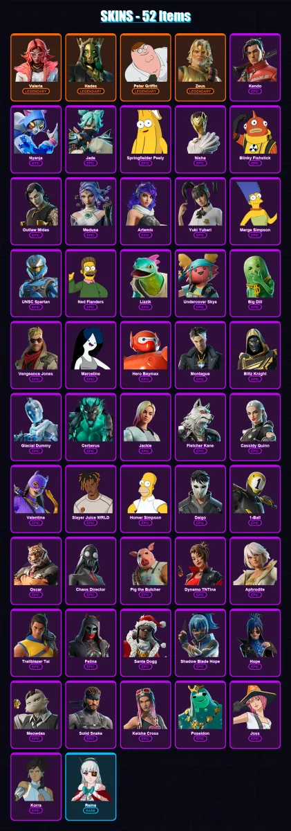 [SWITCH/XBOX/PSN/PC] | Valeria | Hades | Peter Griffin | Zeus | Kendo | 52 skin | 111 pickaxe | 66 emote | 72 glider | Lv1406