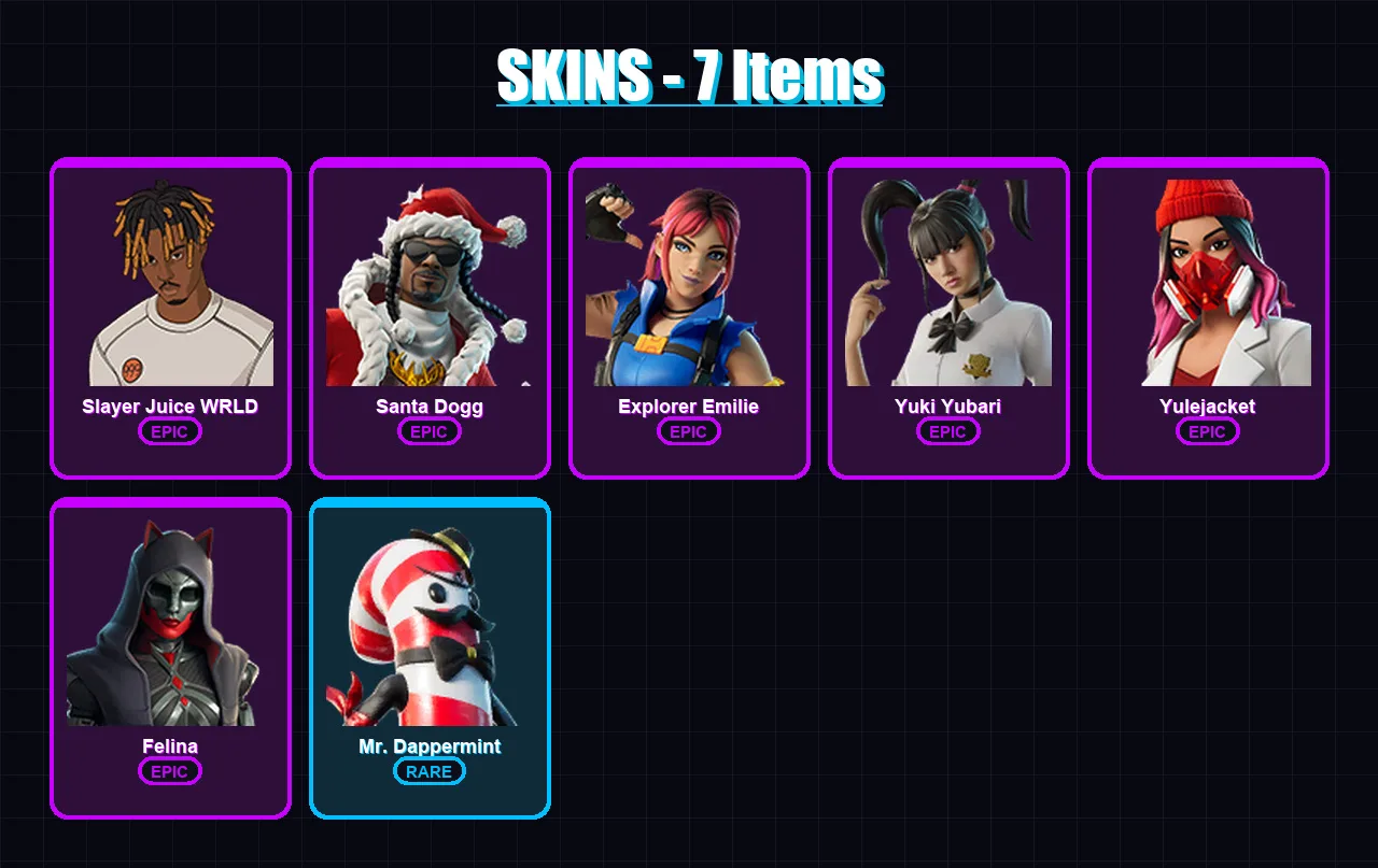 [PC/PSN] | Slayer Juice WRLD | Santa Dogg | Explorer Emilie | Yuki Yubari | Yulejacket | 7 skin | 22 pickaxe | 11 emote | 14 glider | Lv206