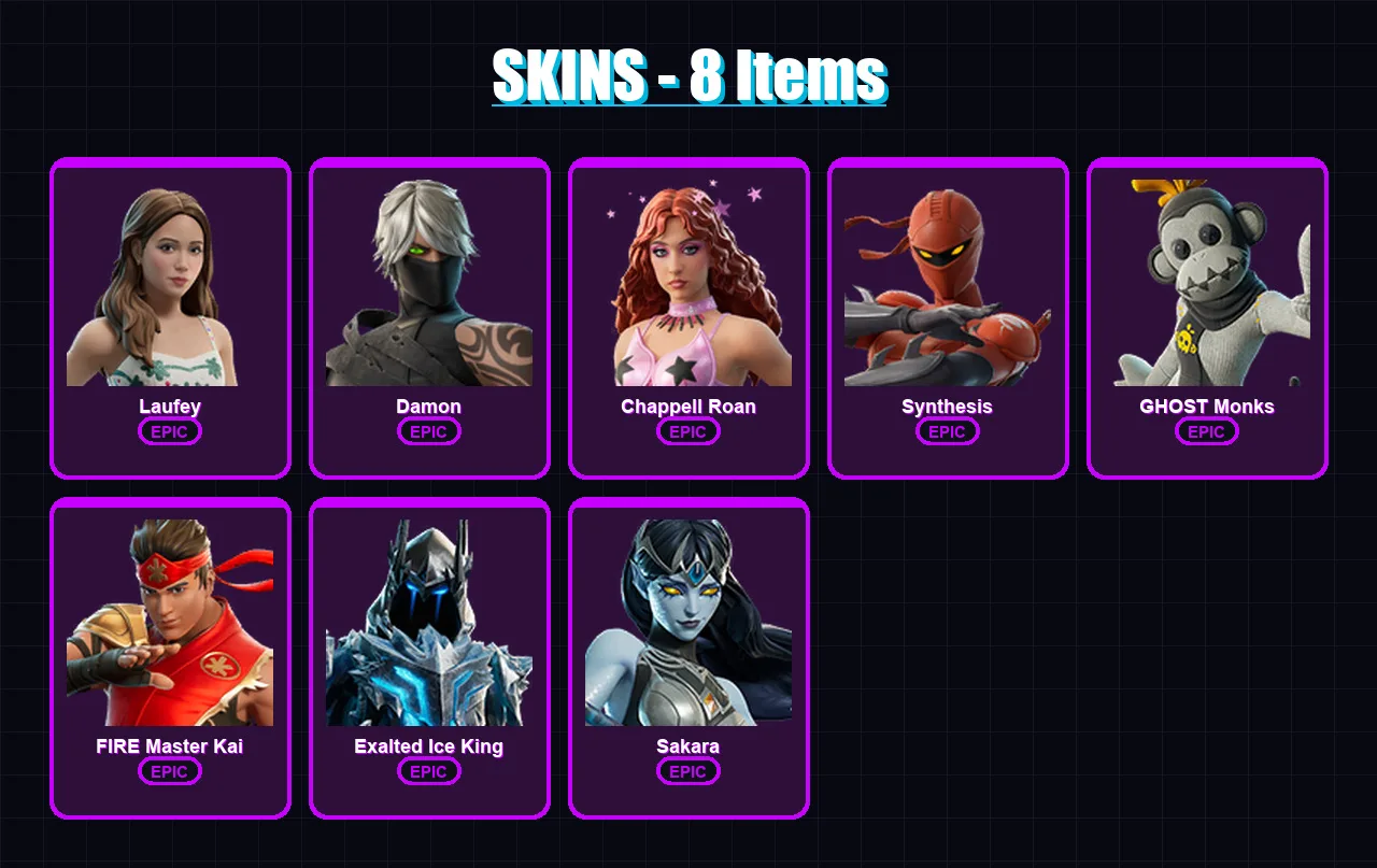 [PC/XBOX/PSN] | Laufey | Damon | Chappell Roan | Synthesis | GHOST Monks | 8 skin | 4 pickaxe | 5 emote | 1 glider | Lv20
