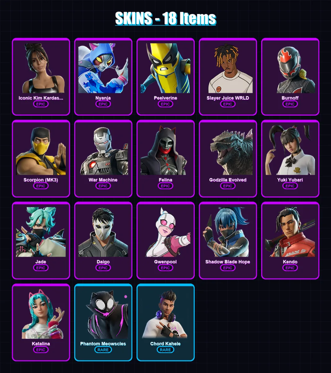 [PC/XBOX/PSN] | Iconic Kim Kardashian | Nyanja | Peelverine | Slayer Juice WRLD | Burnoff | 18 skin | 54 pickaxe | 27 emote | 32 glider | Lv382 — Fortnite account