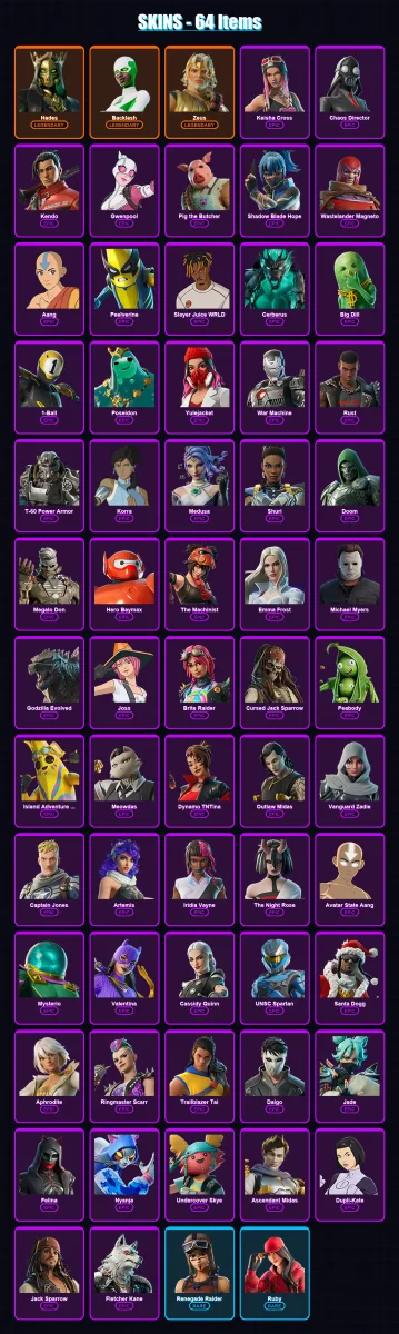 [PC/XBOX/PSN] | Hades | Backlash | Zeus | Keisha Cross | Chaos Director | 64 skin | 108 pickaxe | 86 emote | 72 glider | Lv1338