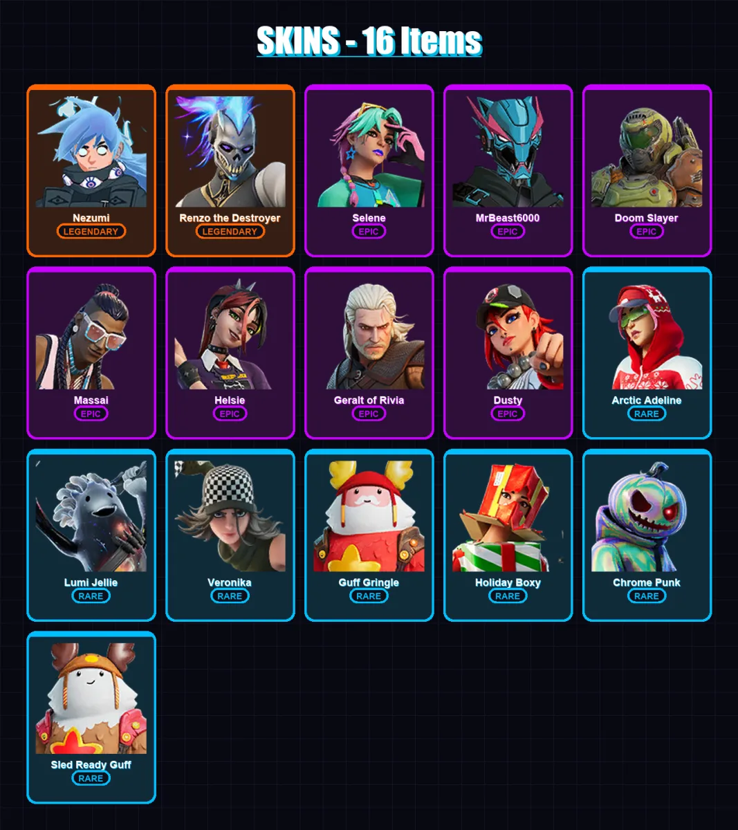 [PC/XBOX/PSN] | Nezumi | Renzo the Destroyer | Selene | MrBeast6000 | Doom Slayer | 16 skin | 20 pickaxe | 9 emote | 18 glider | Lv205