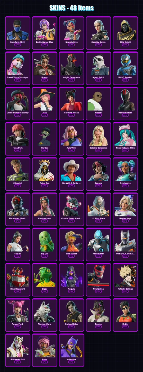 [PC/XBOX/PSN] | Sub-Zero (MK3) | Battle Gamer Mae | Sparkle Diva | Cassidy Quinn | Blitz Knight | 48 skin | 67 pickaxe | 54 emote | 39 glider | Lv35