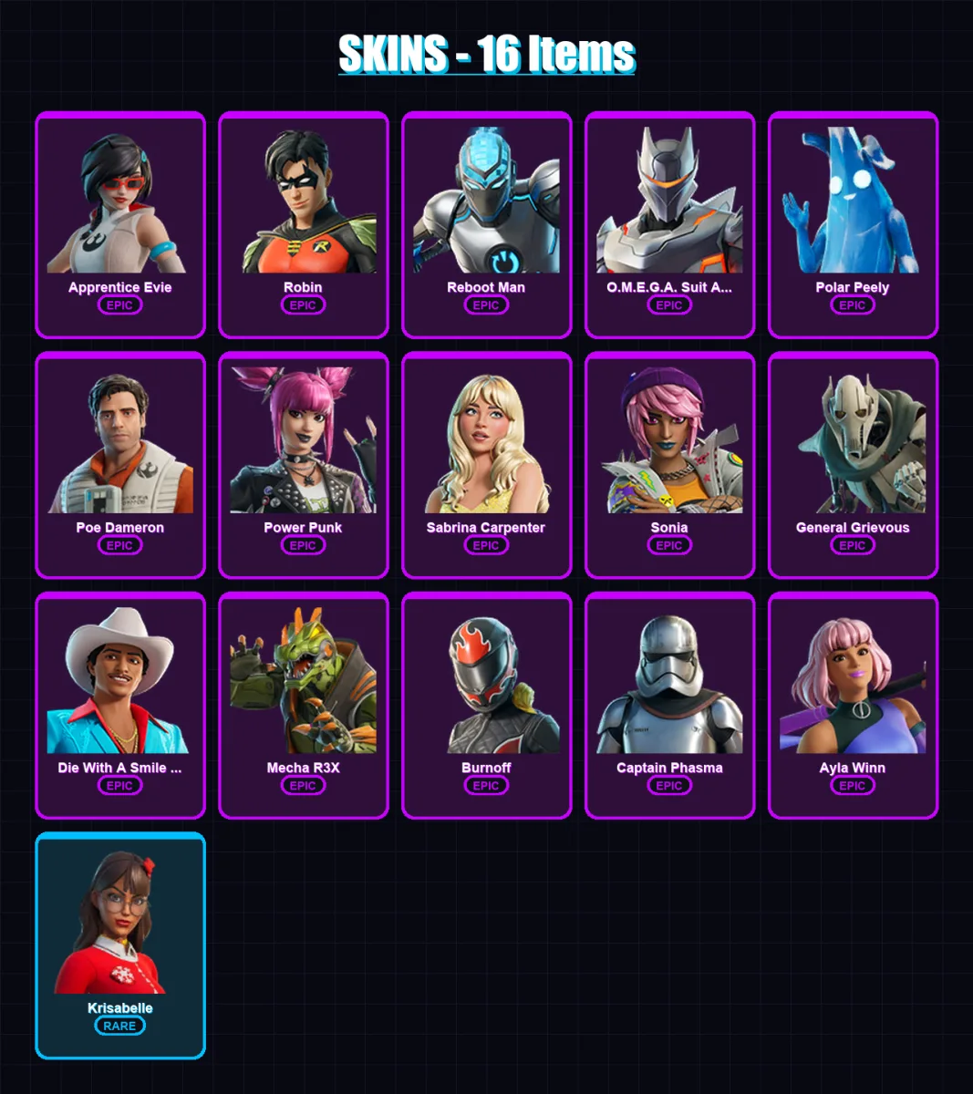 [PC/XBOX/PSN] | Apprentice Evie | Robin | Reboot Man | O.M.E.G.A. Suit Alpha | Polar Peely | 16 skin | 27 pickaxe | 14 emote | 20 glider | Lv139