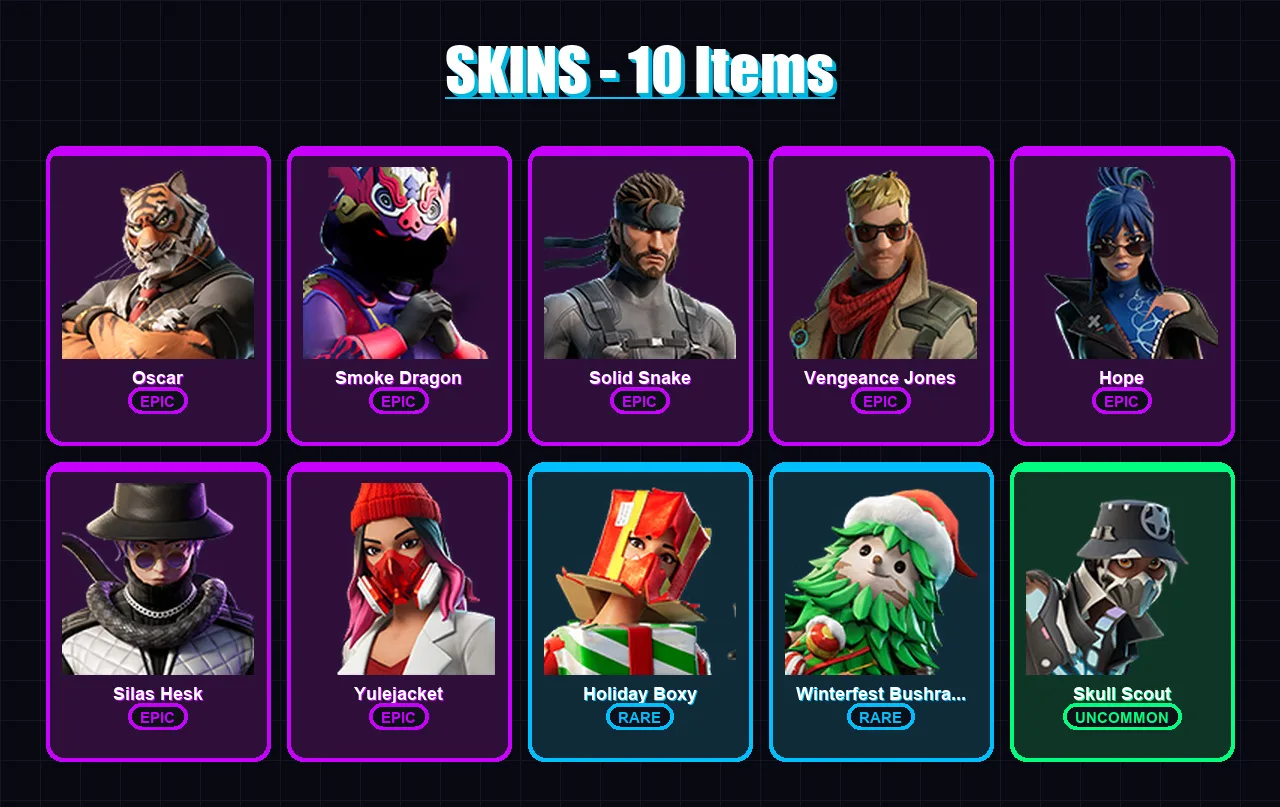 [PC/XBOX/PSN] | Oscar | Smoke Dragon | Solid Snake | Vengeance Jones | Hope | 10 skin | 24 pickaxe | 12 emote | 17 glider | Lv174