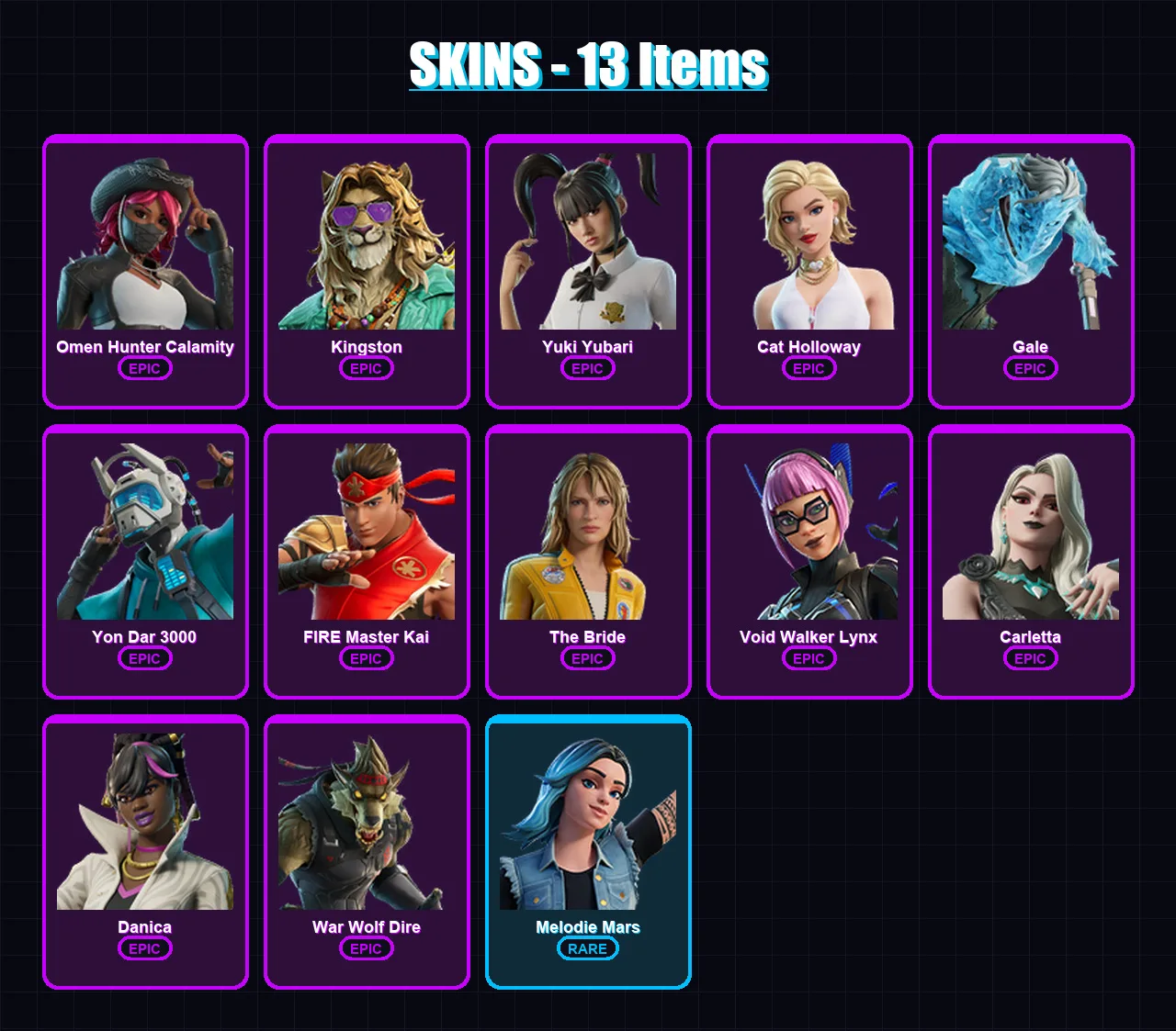 [PC/XBOX/PSN] | Omen Hunter Calamity | Kingston | Yuki Yubari | Cat Holloway | Gale | 13 skin | 13 pickaxe | 15 emote | 14 glider | Lv63