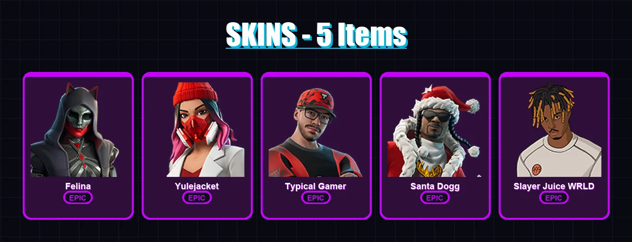 [PC/XBOX] | Felina | Yulejacket | Typical Gamer | Santa Dogg | Slayer Juice WRLD | 5 skin | 55 pickaxe | 19 emote | 38 glider | Lv545