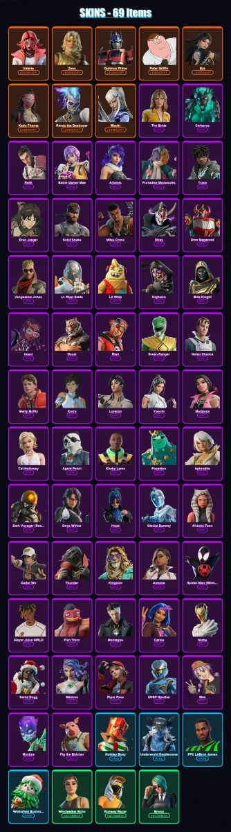 [PS4/PS5/XBOX/PC] | Valeria | Zeus | Optimus Prime | Peter Griffin | Era | 69 skin | 112 pickaxe | 90 emote | 87 glider | Lv1580