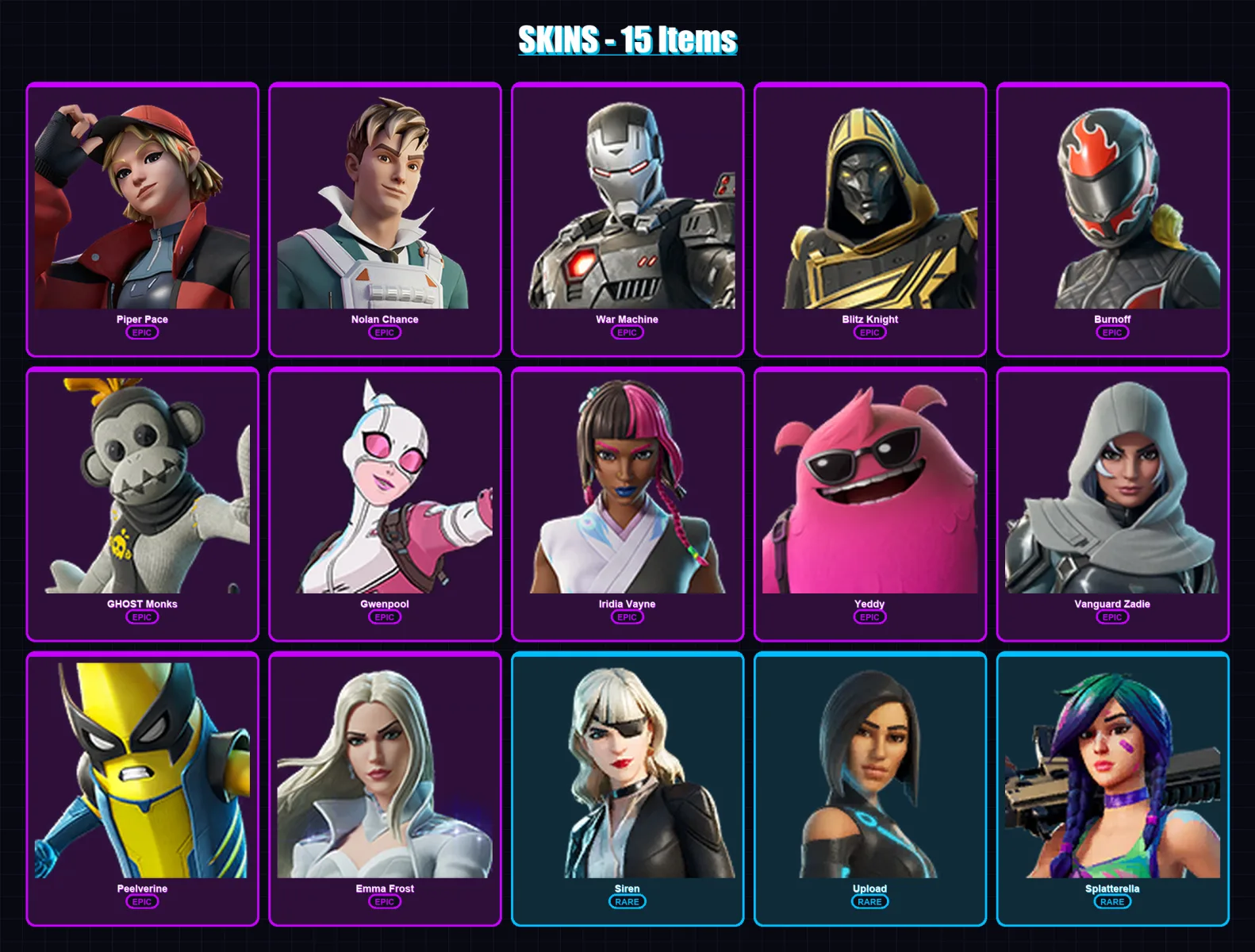 [PC/XBOX/PSN] | Piper Pace | Nolan Chance | War Machine | Blitz Knight | Burnoff | 15 skin | 55 pickaxe | 24 emote | 37 glider | Lv706