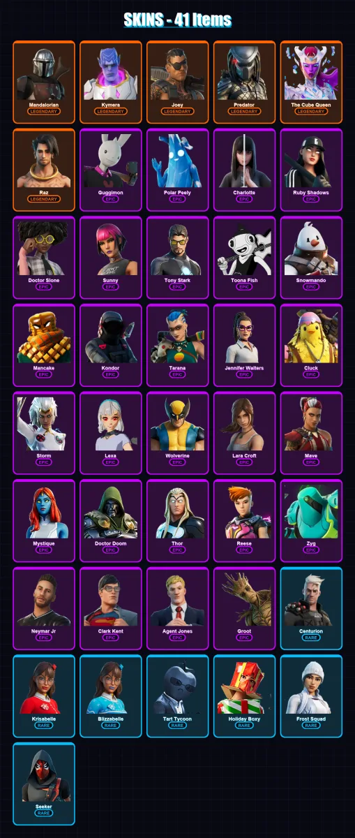 [PC/PSN] | Mandalorian | Kymera | Joey | Predator | The Cube Queen | 41 skin | 50 pickaxe | 26 emote | 35 glider | Lv537