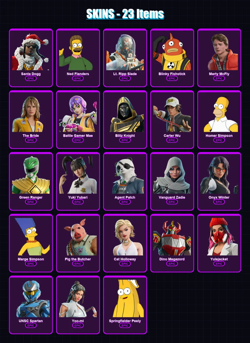 [PC/XBOX/PSN] | Santa Dogg | Ned Flanders | Lt. Ripp Slade | Blinky Fishstick | Marty McFly | 23 skin | 85 pickaxe | 39 emote | 47 glider | Lv815