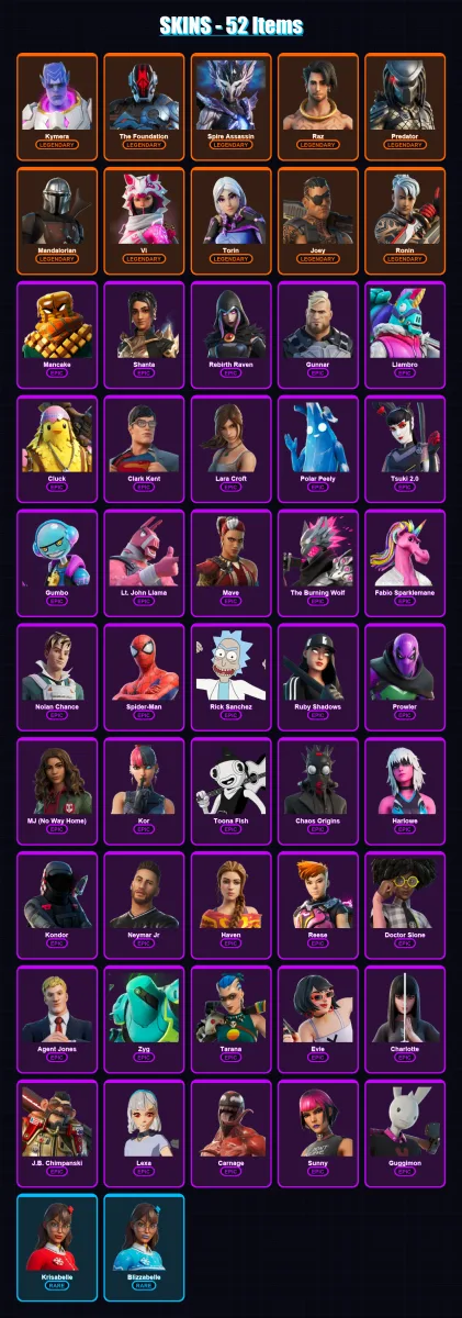 [PC] | Kymera | The Foundation | Spire Assassin | Raz | Predator | 52 skin | 52 pickaxe | 41 emote | 49 glider | Lv667 — Fortnite account