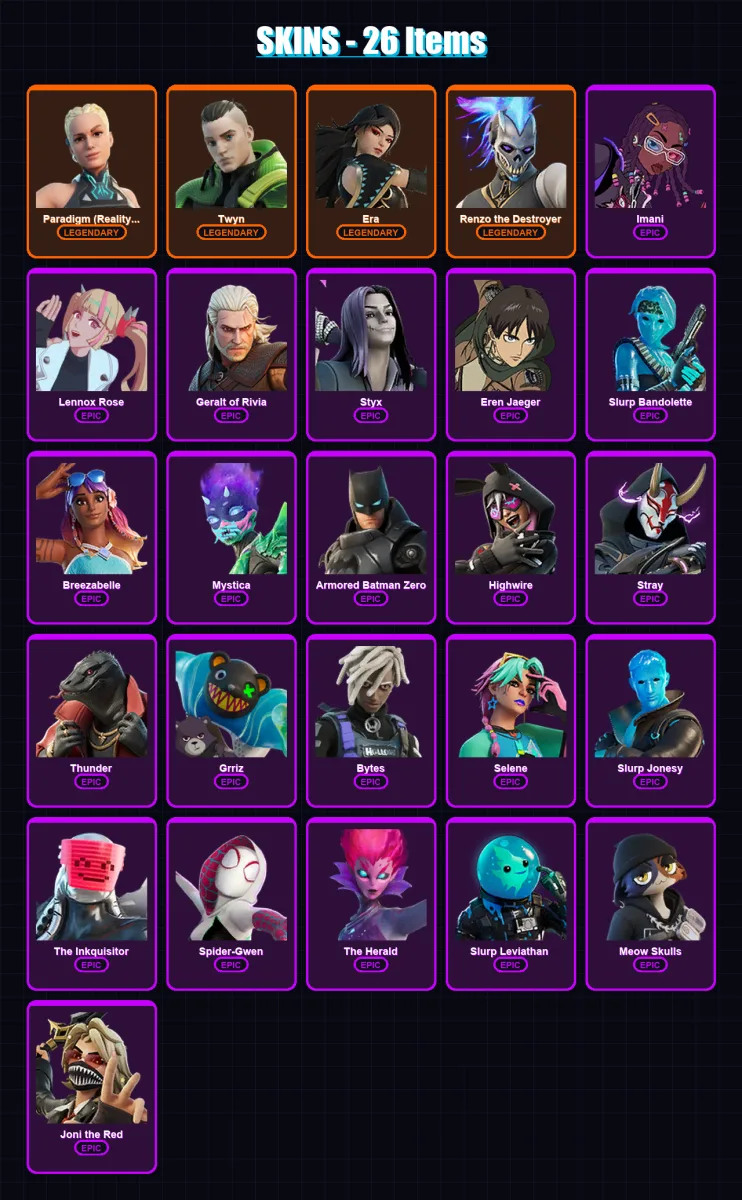 [PC/XBOX/PSN] | Paradigm (Reality-659) | Twyn | Era | Renzo the Destroyer | Imani | 26 skin | 27 pickaxe | 20 emote | 27 glider | Lv281