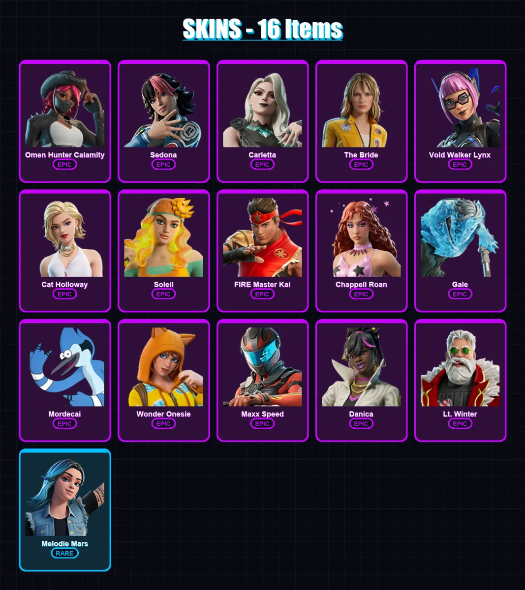 [PC/PSN] | Omen Hunter Calamity | Sedona | Carletta | The Bride | Void Walker Lynx | 16 skin | 14 pickaxe | 8 emote | 6 glider | Lv32
