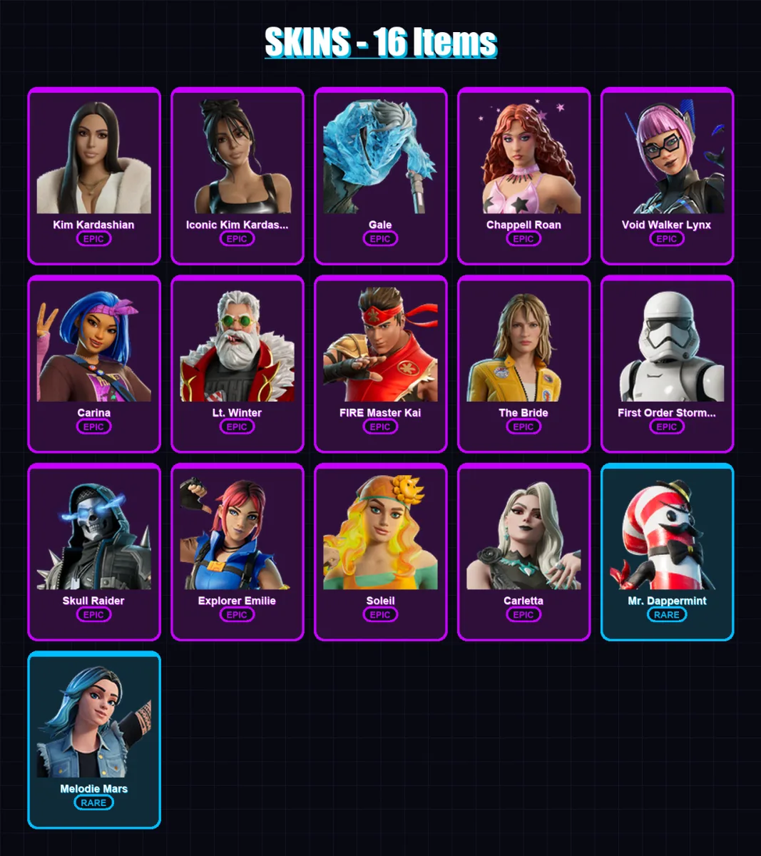 [PC/PSN] | Kim Kardashian | Iconic Kim Kardashian | Gale | Chappell Roan | Void Walker Lynx | 16 skin | 25 pickaxe | 16 emote | 13 glider | Lv115 — Fortnite account