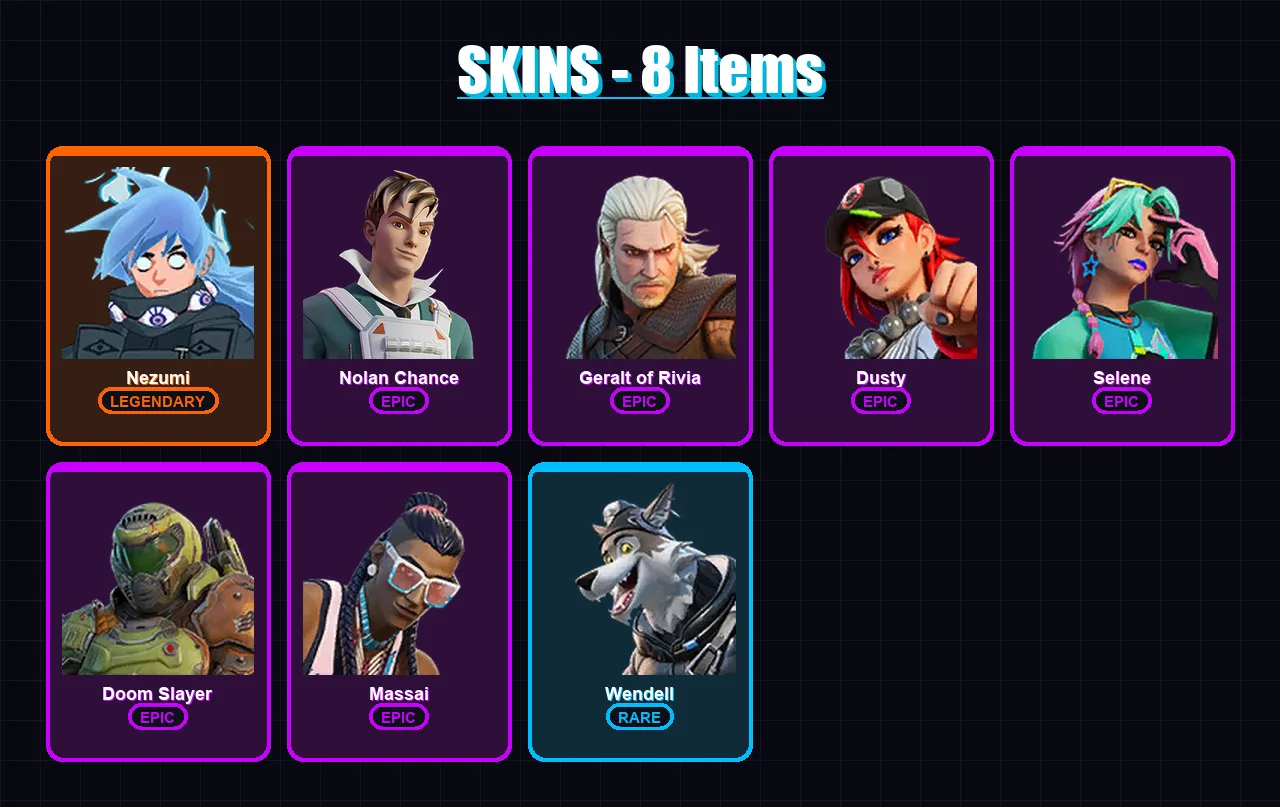 [PC/XBOX/PSN] | Nezumi | Nolan Chance | Geralt of Rivia | Dusty | Selene | 8 skin | 13 pickaxe | 12 emote | 12 glider | Lv97