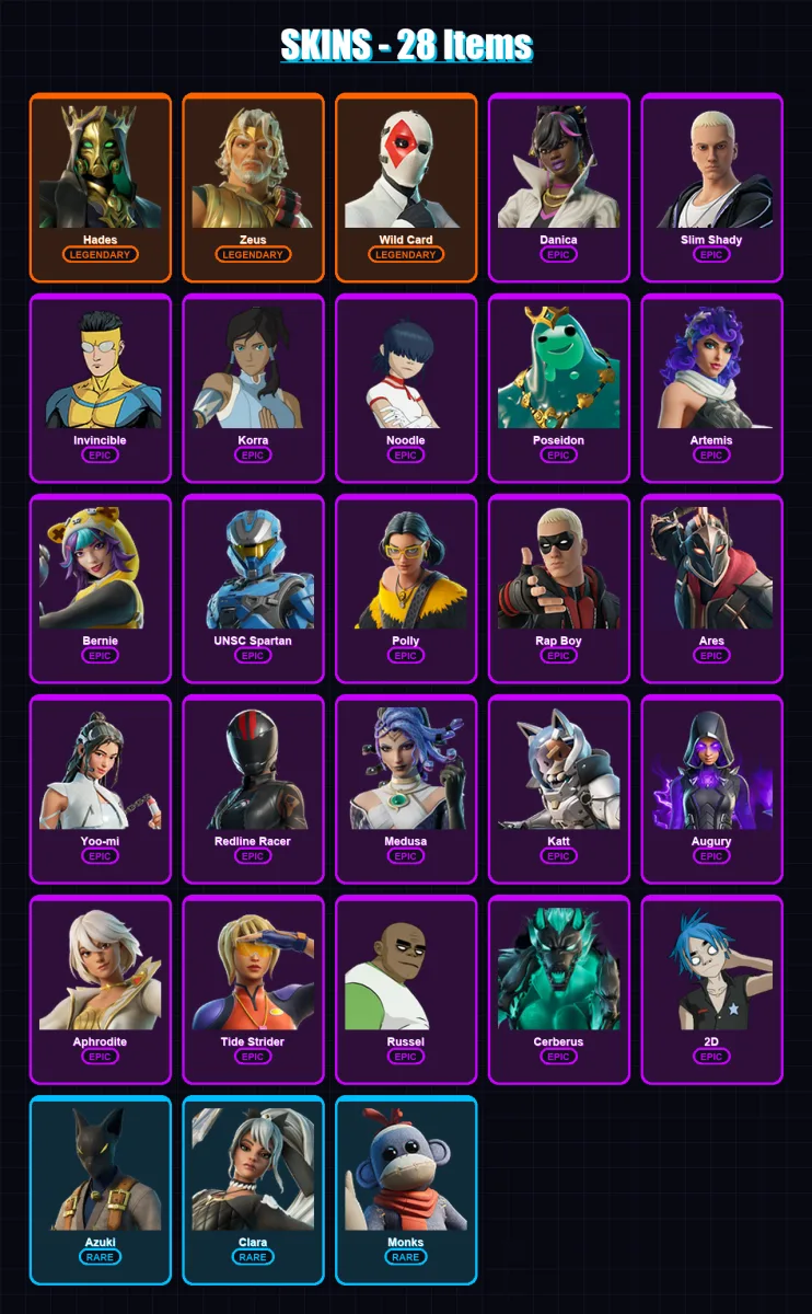 [PC/XBOX/PSN] | Hades | Zeus | Wild Card | Danica | Slim Shady | 28 skin | 55 pickaxe | 34 emote | 32 glider | Lv387