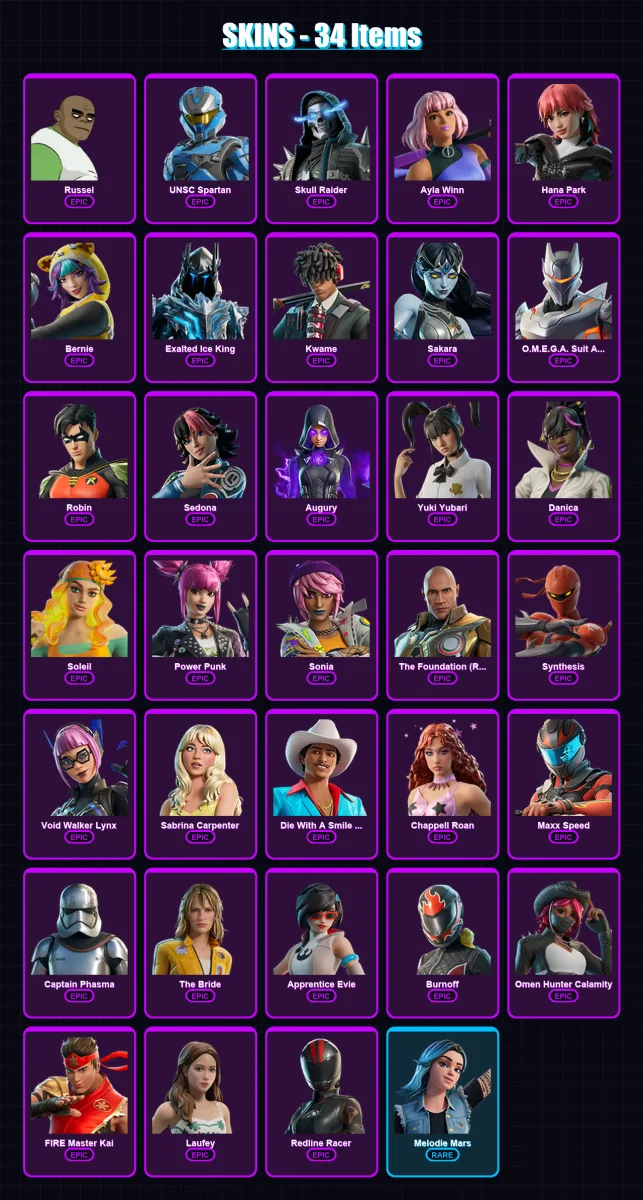 [PC/PSN] | Russel | UNSC Spartan | Skull Raider | Ayla Winn | Hana Park | 34 skin | 19 pickaxe | 9 emote | 10 glider | Lv32