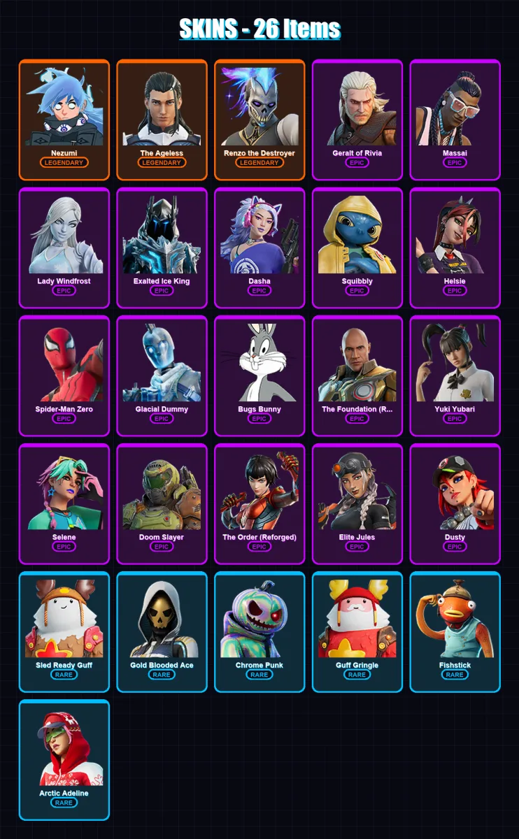 [PC/XBOX/PSN] | Nezumi | The Ageless | Renzo the Destroyer | Geralt of Rivia | Massai | 26 skin | 55 pickaxe | 37 emote | 44 glider | Lv645