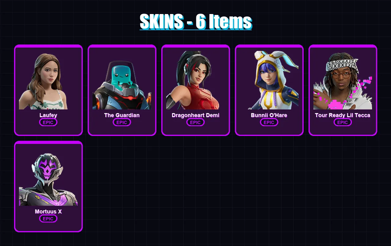 [PC/PSN] | Laufey | The Guardian | Dragonheart Demi | Bunnii O'Hare | Tour Ready Lil Tecca | 6 skin | 3 pickaxe | 2 emote | 1 glider | Lv5