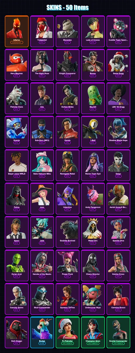 [PS4/PS5/XBOX/PC] | Inferno | Yulejacket | Meowdas | Lady of Cranes | Cuddle Team Specialist | 50 skin | 70 pickaxe | 50 emote | 40 glider | Lv881