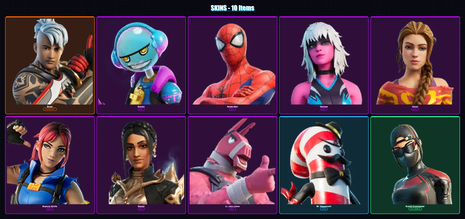[PC/XBOX] | Ronin | Gumbo | Spider-Man | Harlowe | Haven | 10 skin | 10 pickaxe | 9 emote | 9 glider | Lv120