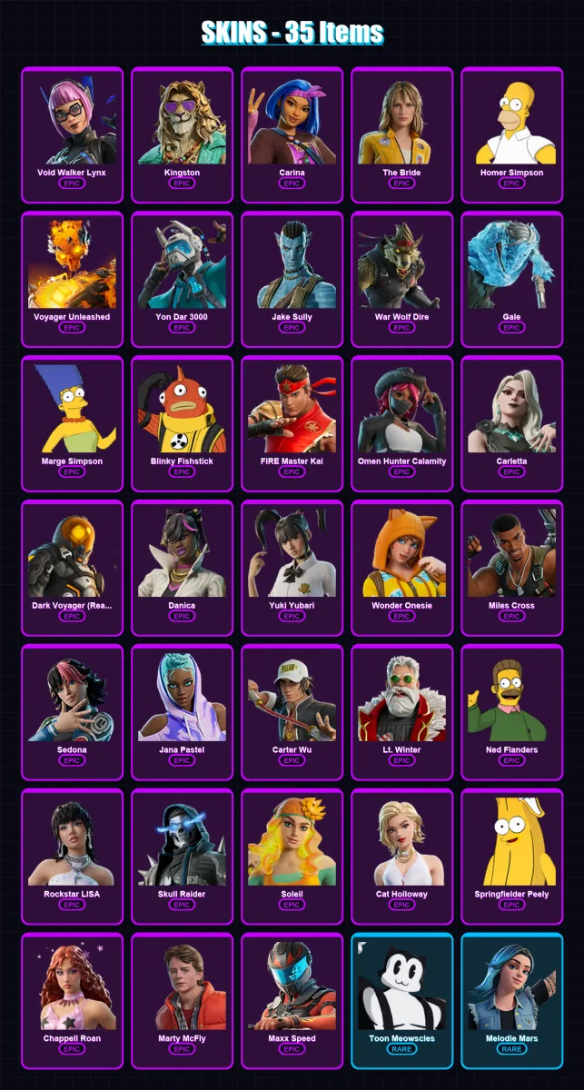 [PC/XBOX/PSN] | Void Walker Lynx | Kingston | Carina | The Bride | Homer Simpson | 35 skin | 42 pickaxe | 27 emote | 22 glider | Lv247