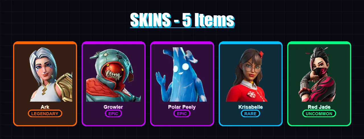[PS4/PS5/XBOX/PC] | Ark | Growler | Polar Peely | Krisabelle | Red Jade | 5 skin | 16 pickaxe | 15 emote | 20 glider | Lv348