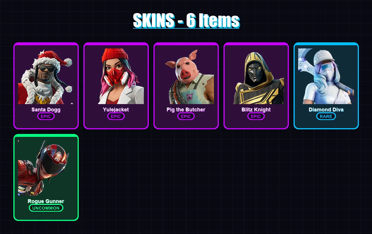 [PC/XBOX] | Santa Dogg | Yulejacket | Pig the Butcher | Blitz Knight | Diamond Diva | 6 skin | 44 pickaxe | 18 emote | 26 glider | Lv378