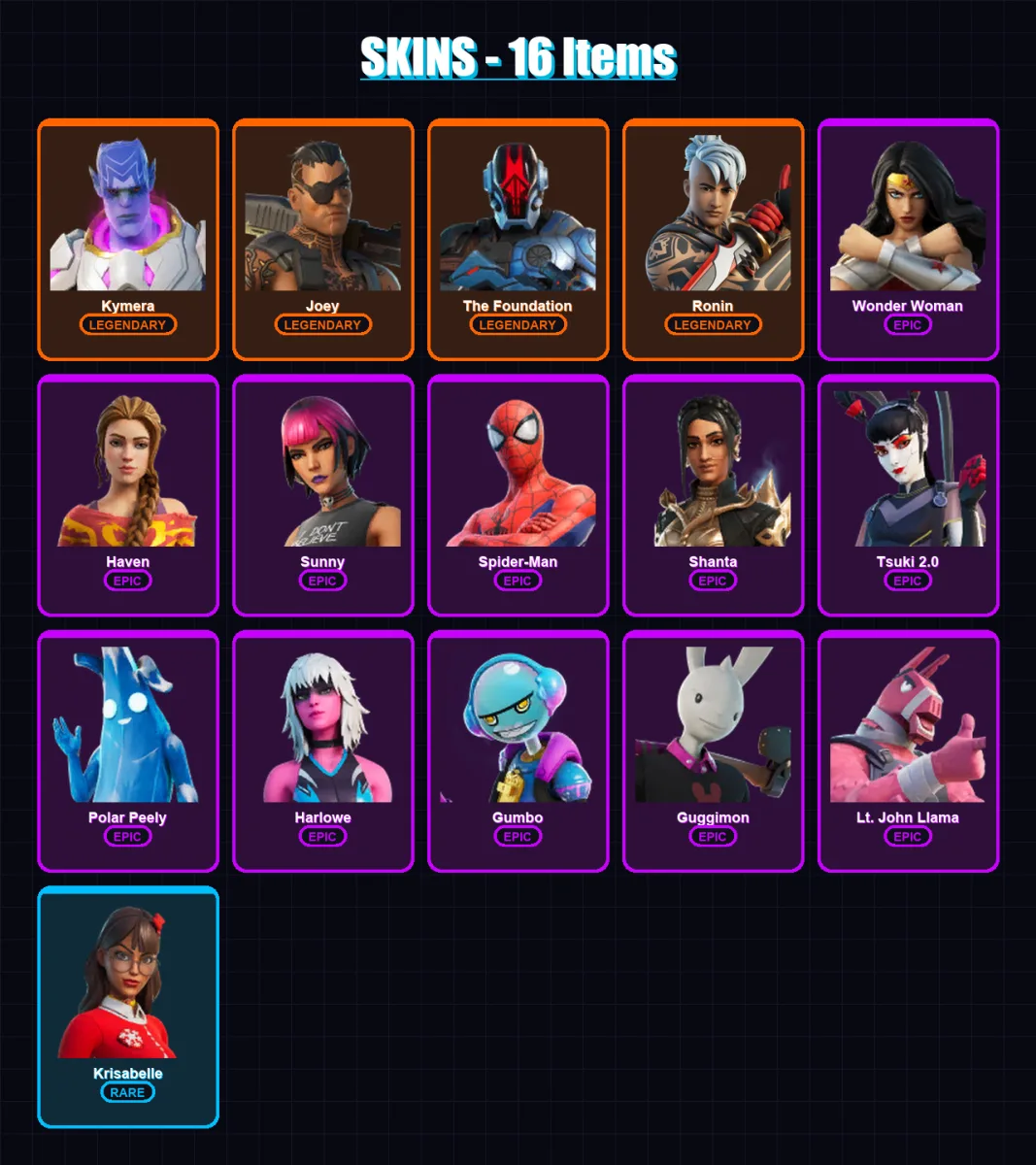 [PC/XBOX/PSN] | Kymera | Joey | The Foundation | Ronin | Wonder Woman | 16 skin | 18 pickaxe | 15 emote | 18 glider | Lv279