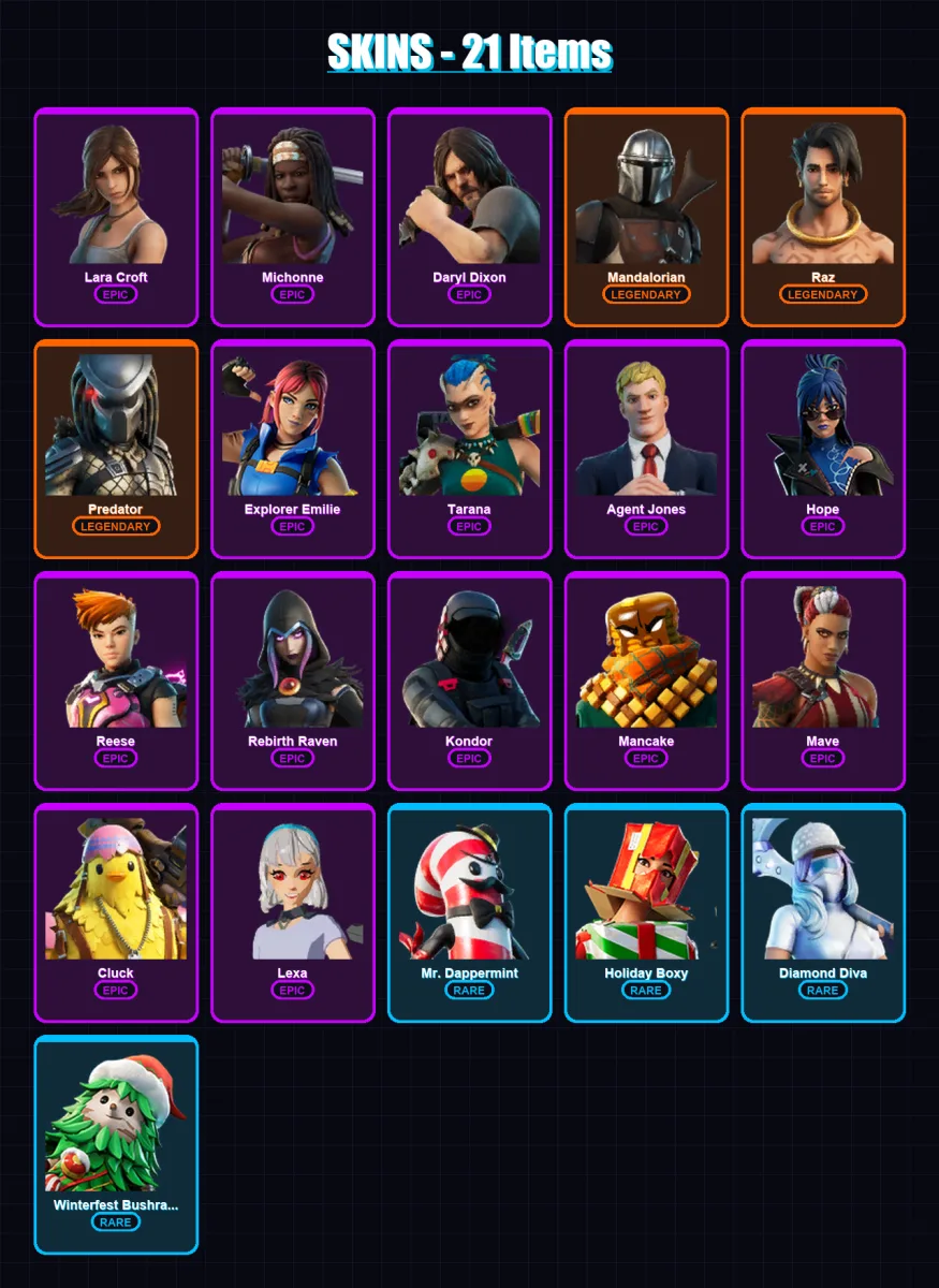[SWITCH/XBOX/PSN/PC] | Lara Croft | Michonne | Daryl Dixon | Mandalorian | Raz | 21 skin | 29 pickaxe | 25 emote | 30 glider | Lv383