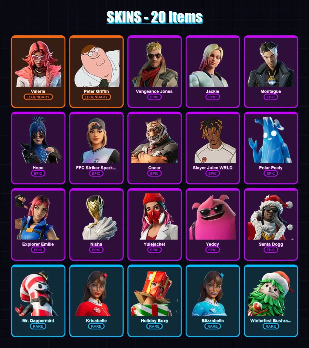 [PC/PSN] | Valeria | Peter Griffin | Vengeance Jones | Jackie | Montague | 20 skin | 37 pickaxe | 18 emote | 19 glider | Lv346