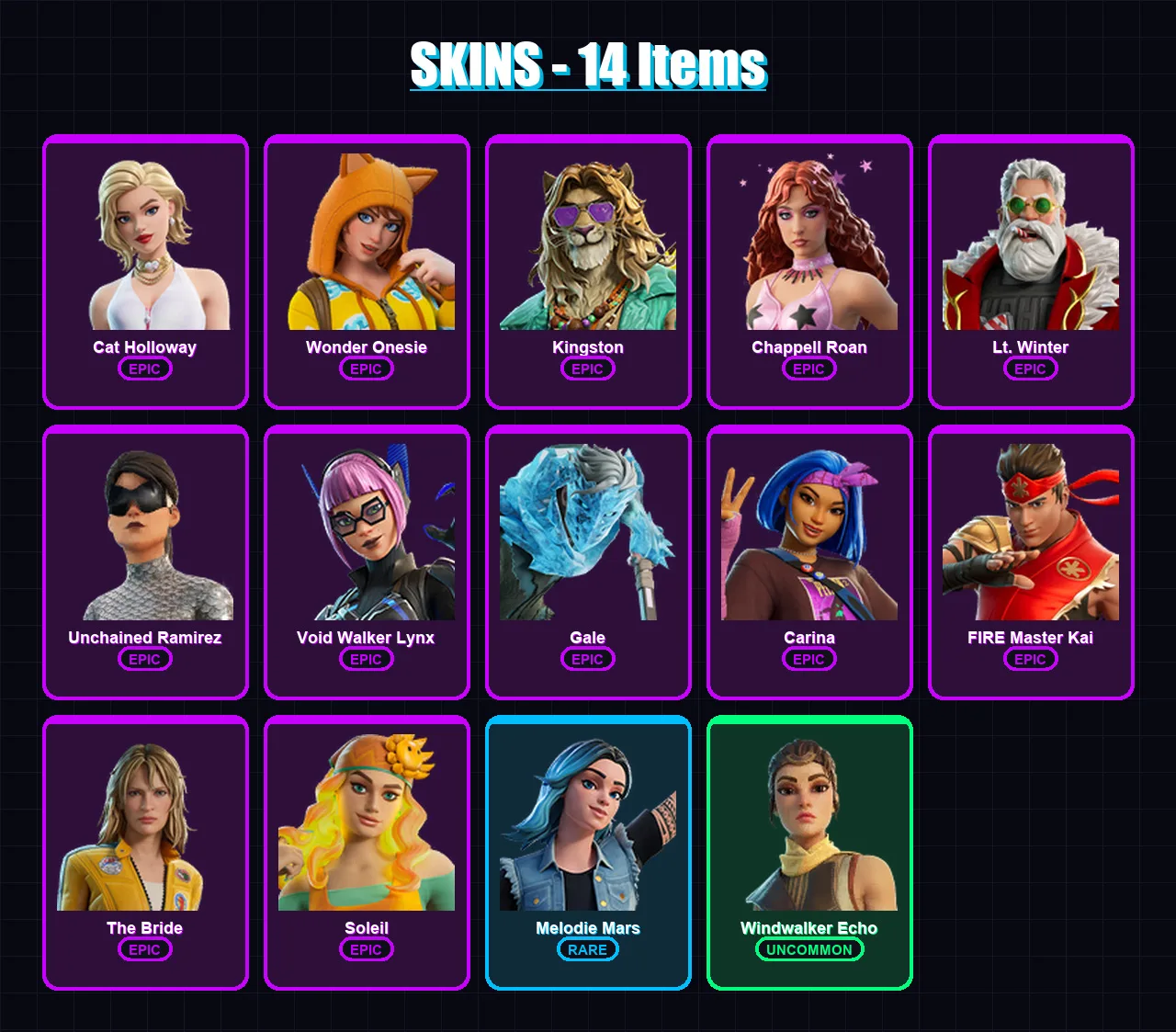 [PC/PSN] | Cat Holloway | Wonder Onesie | Kingston | Chappell Roan | Lt. Winter | 14 skin | 37 pickaxe | 17 emote | 22 glider | Lv185 — Fortnite account