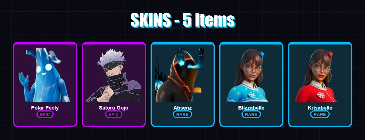 [PC/XBOX/PSN] | Polar Peely | Satoru Gojo | Absenz | Blizzabelle | Krisabelle | 5 skin | 9 pickaxe | 9 emote | 6 glider | Lv61