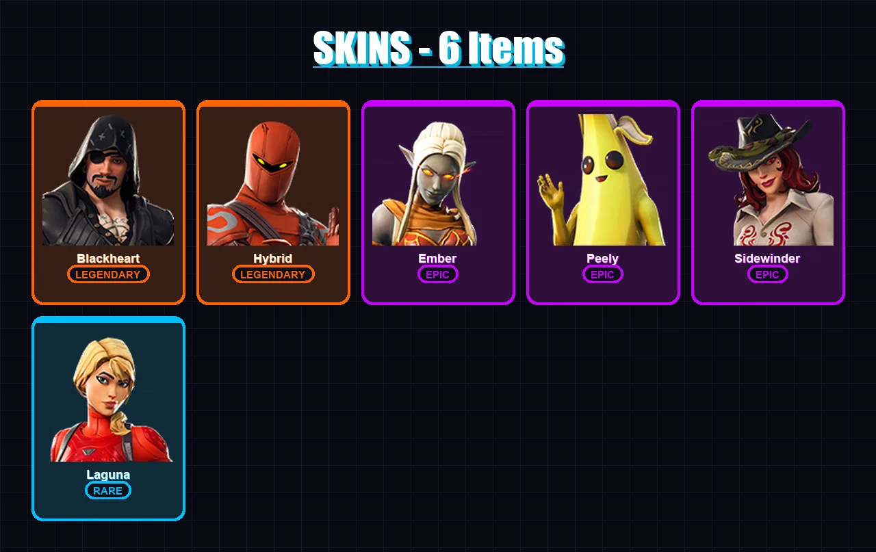 [PS4/PS5/XBOX/PC] | Blackheart | Hybrid | Ember | Peely | Sidewinder | 6 skin | 5 pickaxe | 8 emote | 9 glider | Lv90