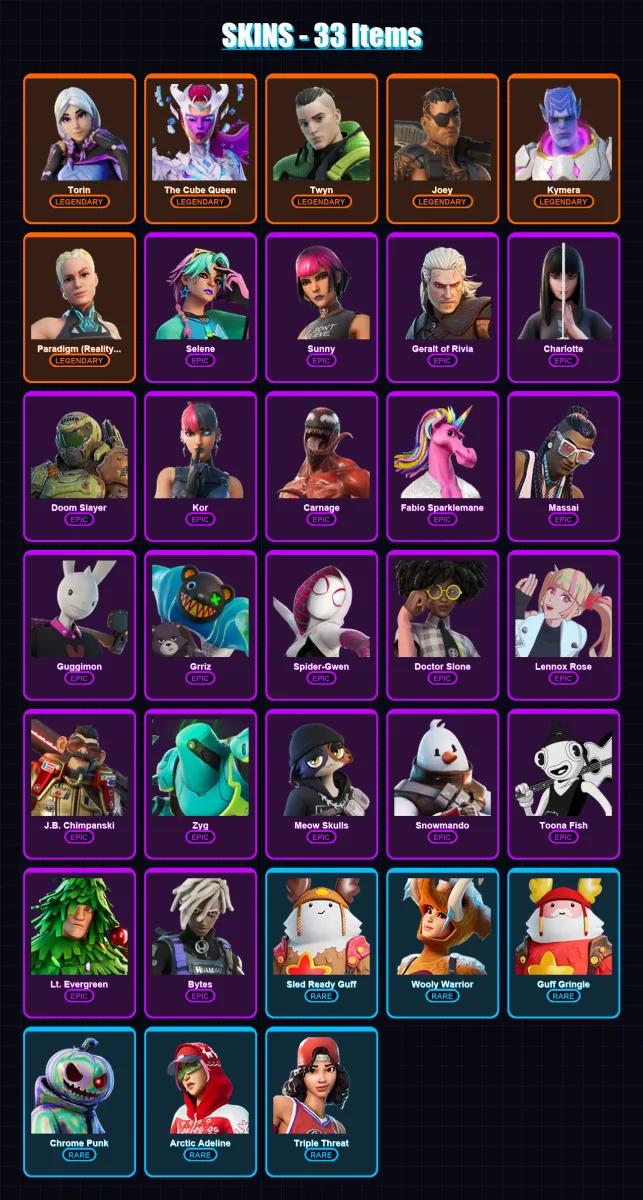 [PC/XBOX/PSN] | Torin | The Cube Queen | Twyn | Joey | Kymera | 33 skin | 41 pickaxe | 29 emote | 43 glider | Lv697